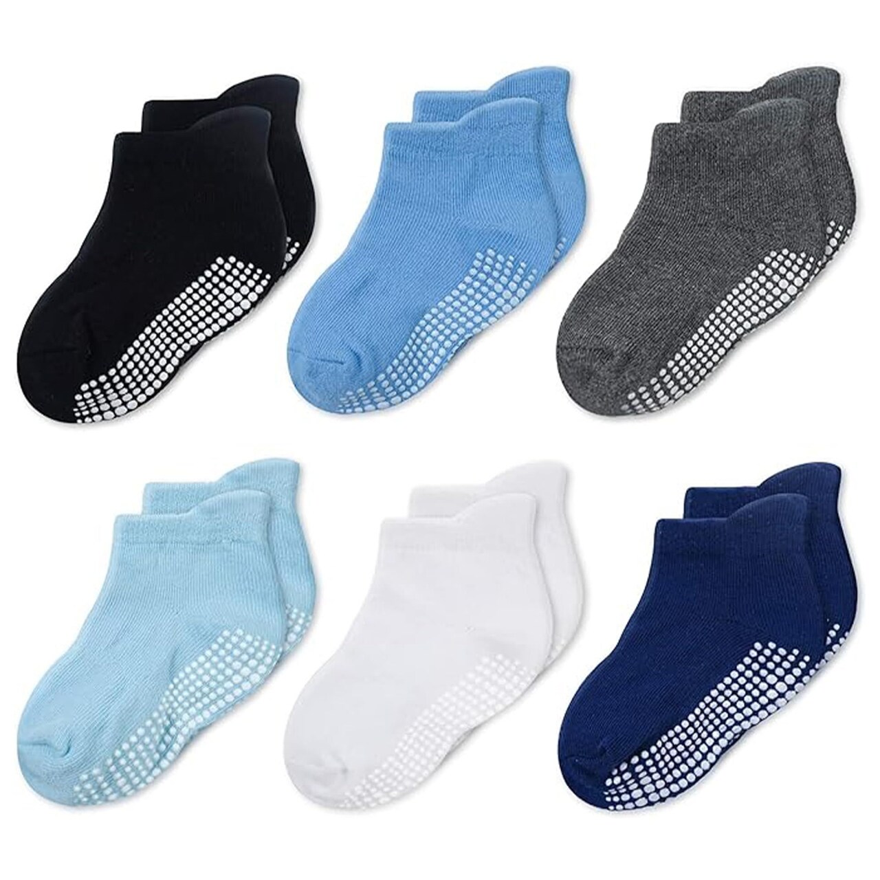 CozyWay Baby & Toddler Socks - Non-Slip Gripper to Prevent Toddler Slip - Soft Cotton Comfort for 12 Month Boy - Stay-Put Tab & No Kick Off Baby Socks - 6-12 Months, 6 Pack, Blue/White/Black